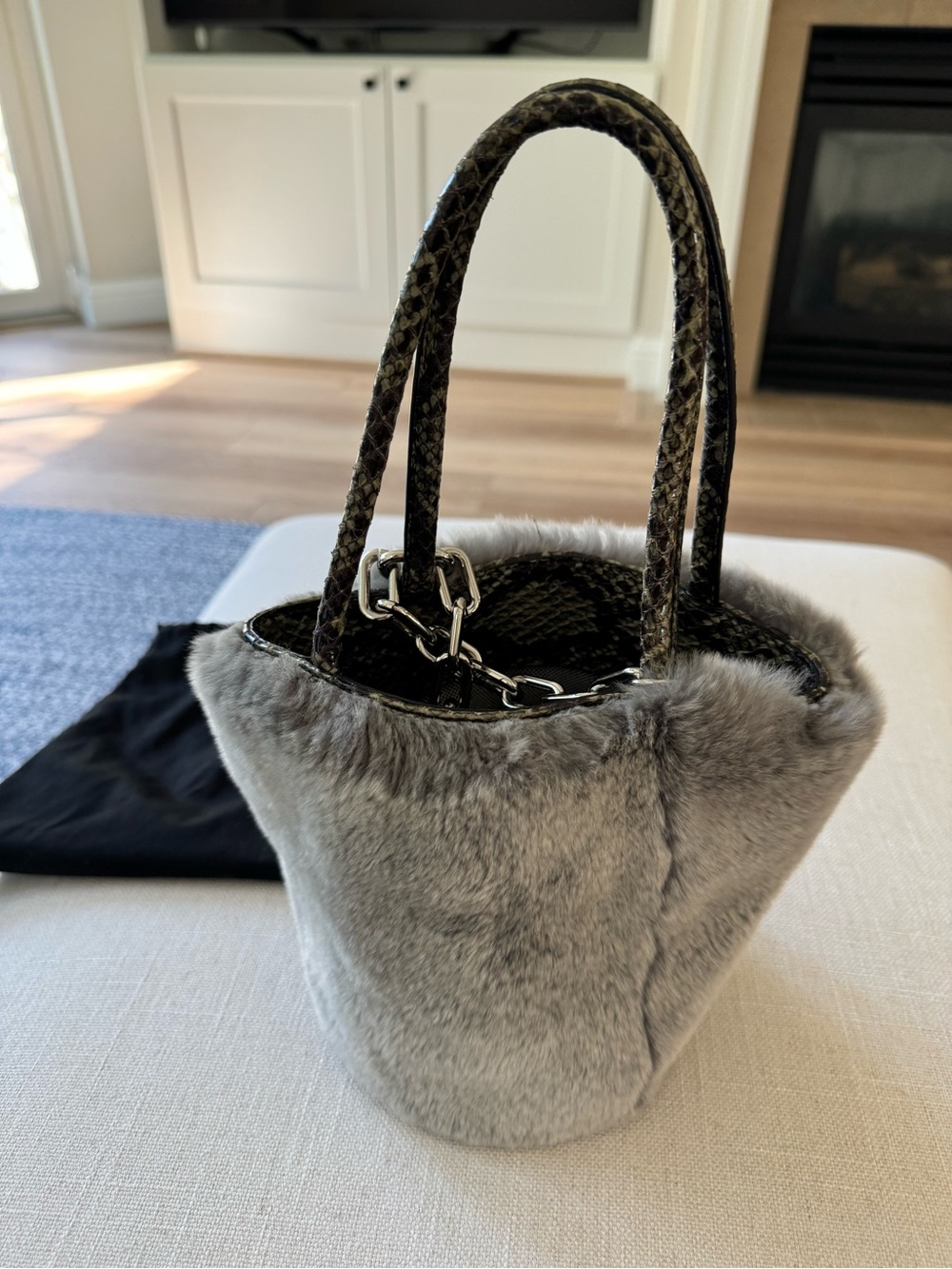 Alexander Wang Gray Faux Fur Mini Tote Bag Snakeskin Handle Chain Detail